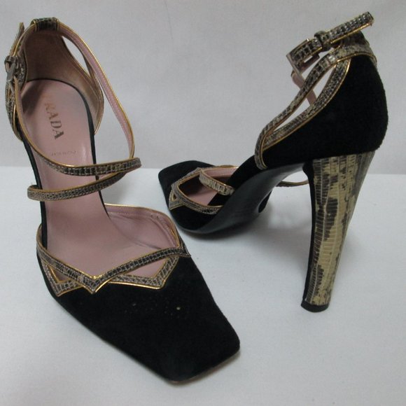 PRADA black Suede w/ Snakeskin square toe heels pumps ITALY buckle Size Sz 38 - Picture 11 of 12